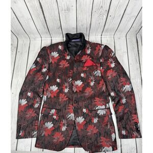 Retro Floral‎ Metallic Jacquard Blazer Men's Size 36R Red Black Tuxedo Jacket